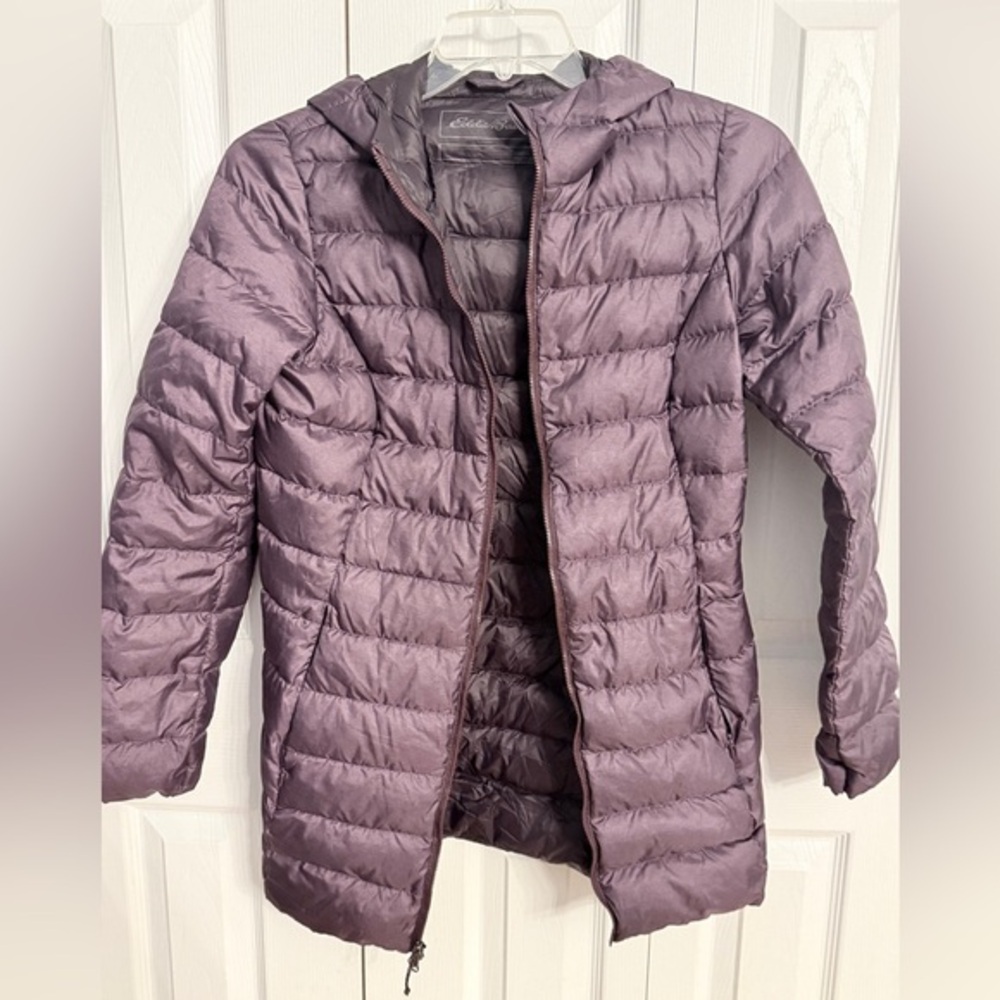Eddie Bauer EB650 Women's Purple Hooded DOWN FILLED Puffer Jacket Sz XS GE